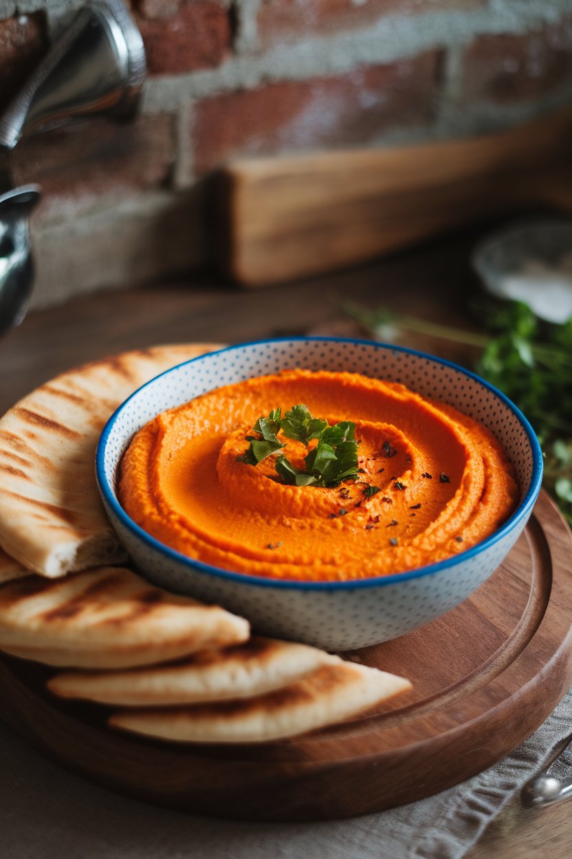 Photo of indoor bowl of bright orange roasted red pepper hummus, parsley sprinkled on top, no text or logos.