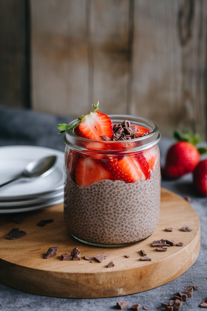 Indoor dessert scene with a glass jar of chocolate chia pudding, topped with sliced strawberries and cacao nibs. No brand names or text.