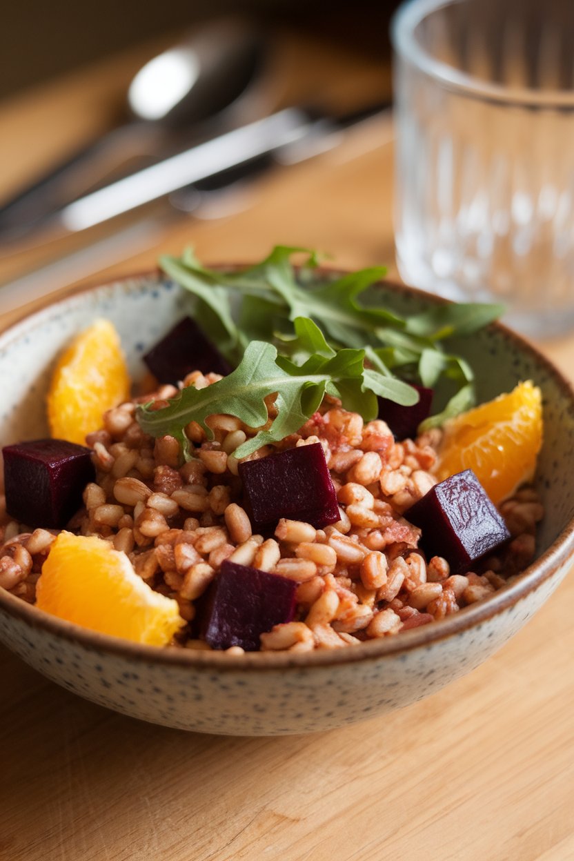 Photo of a bowl of nutty farro mixed with roasted beet cubes, orange segments, and arugula indoors; no text or logos.