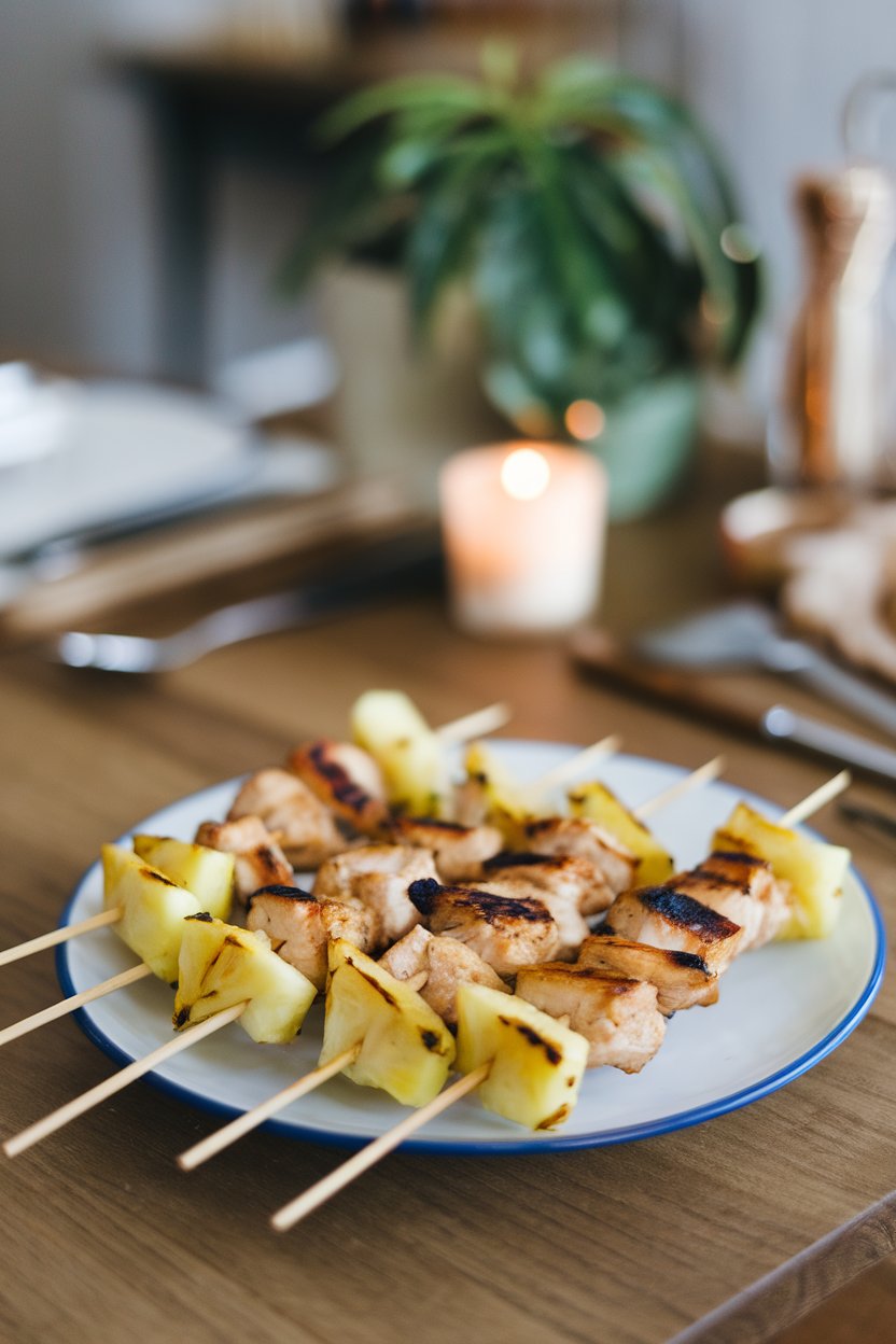 A white plate on an indoor dining table displaying small wooden skewers alternately threaded with grilled chicken cubes and pineapple chunks, slight char marks visible. No logos. Photo.
