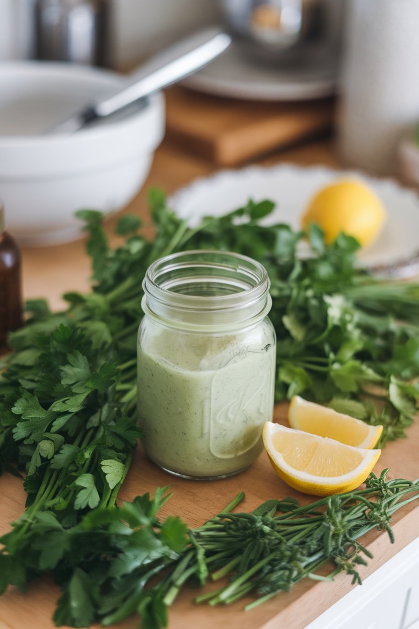 Indoor counter scene featuring a mason jar of pale green goddess dressing surrounded by parsley, tarragon, and a lemon wedge. Photo, not illustration. No text or logos.