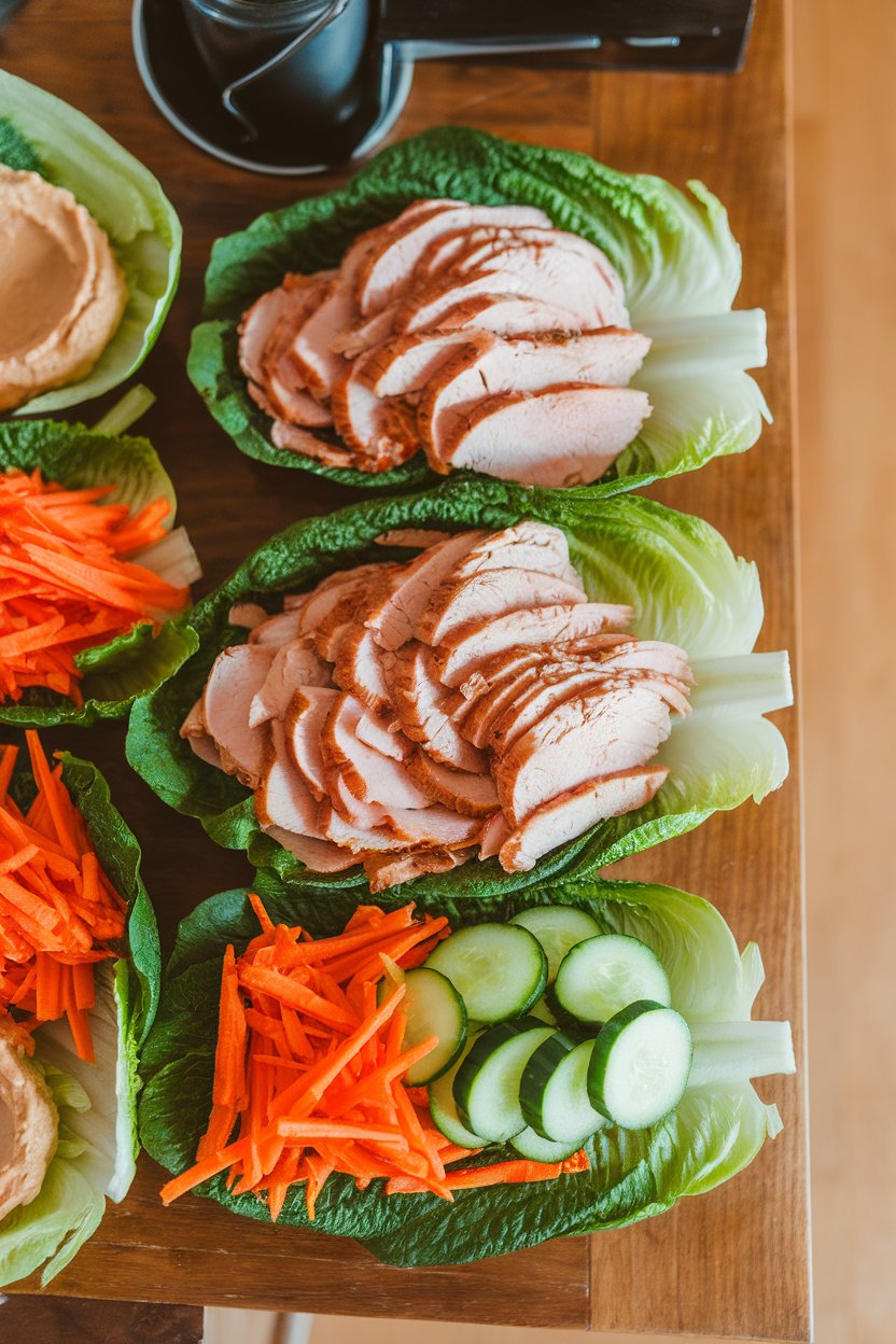 Photo of a wooden indoor countertop displaying romaine leaves filled with sliced deli turkey, hummus, sliced cucumbers, and julienned carrots; overhead angle, no text or logos