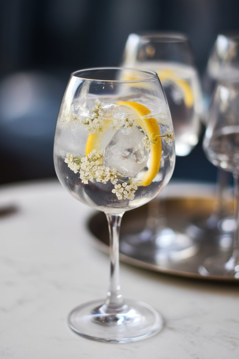 An indoor table with a wine glass St-Germain Spritz full of ice, lemon twist, and tiny elderflower blossoms floating. No text or logos.