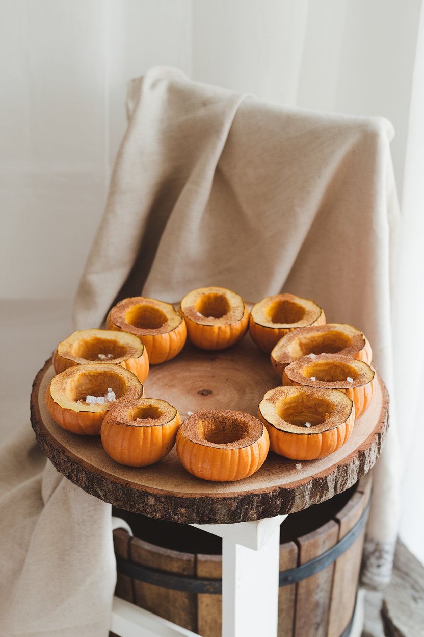 Indoor serving platter with roasted delicata squash rings dusted in cinnamon and a touch of sea salt. No text or logos.