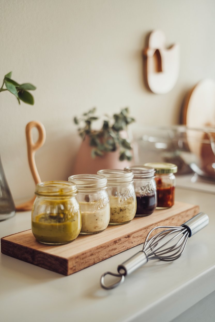 A countertop display of small glass jars containing different vinaigrettes, whisk resting nearby, no brand names.