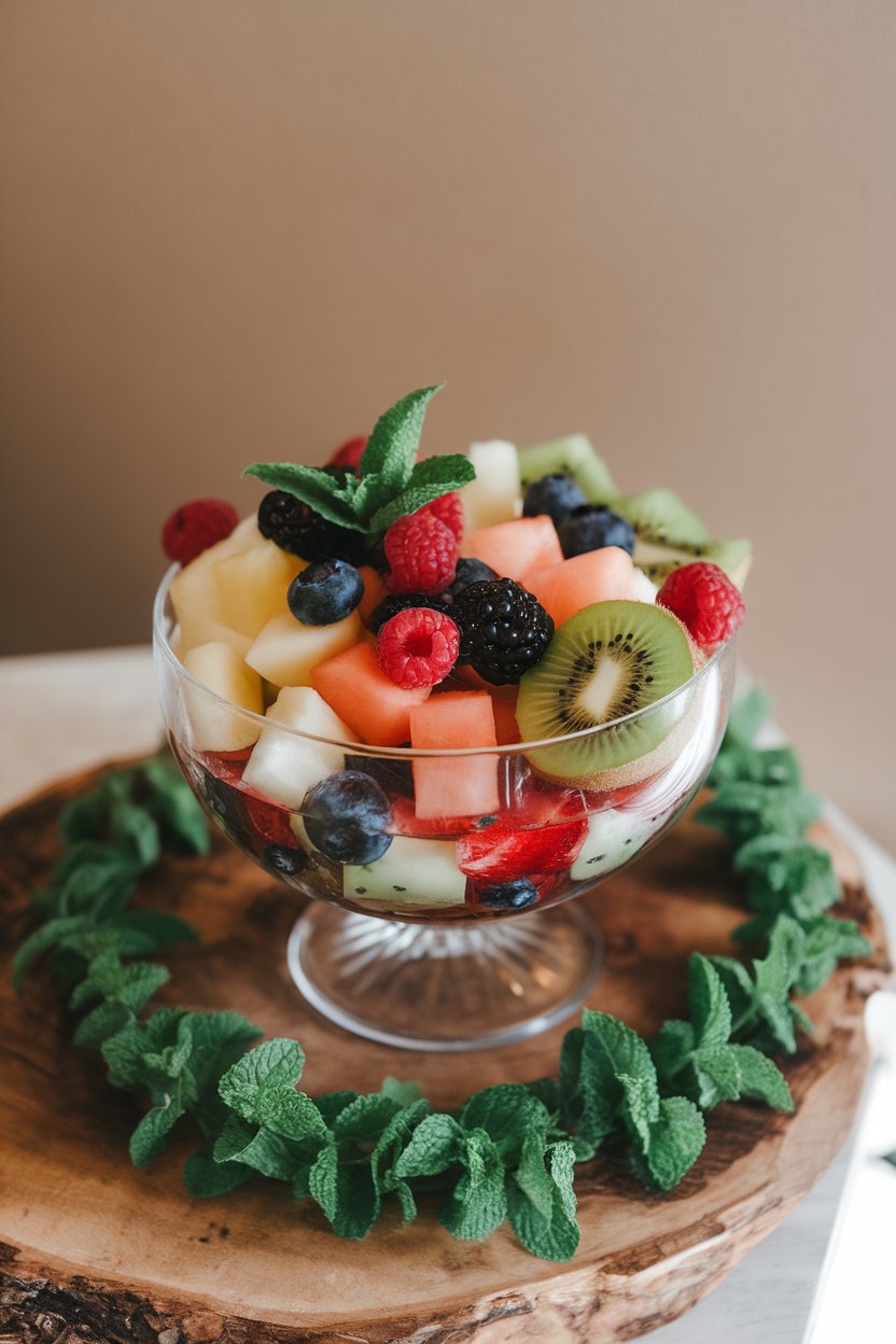 Indoor photo of a glass bowl filled with mixed melon, berries, and kiwi sprinkled with chiffonade mint; no text or logos.