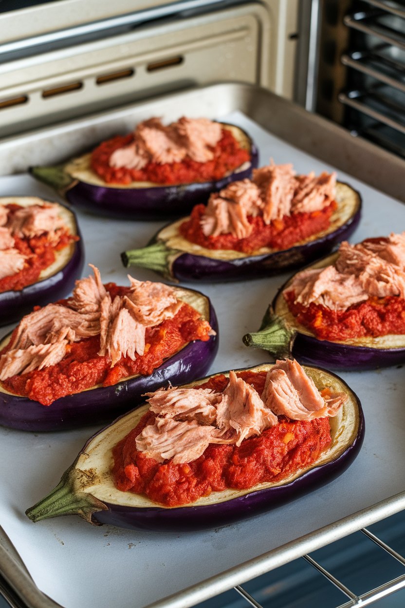 Baking tray with eggplant slices topped with tomato sauce and tuna, browned edges visible; indoor oven-light feel, no logos.