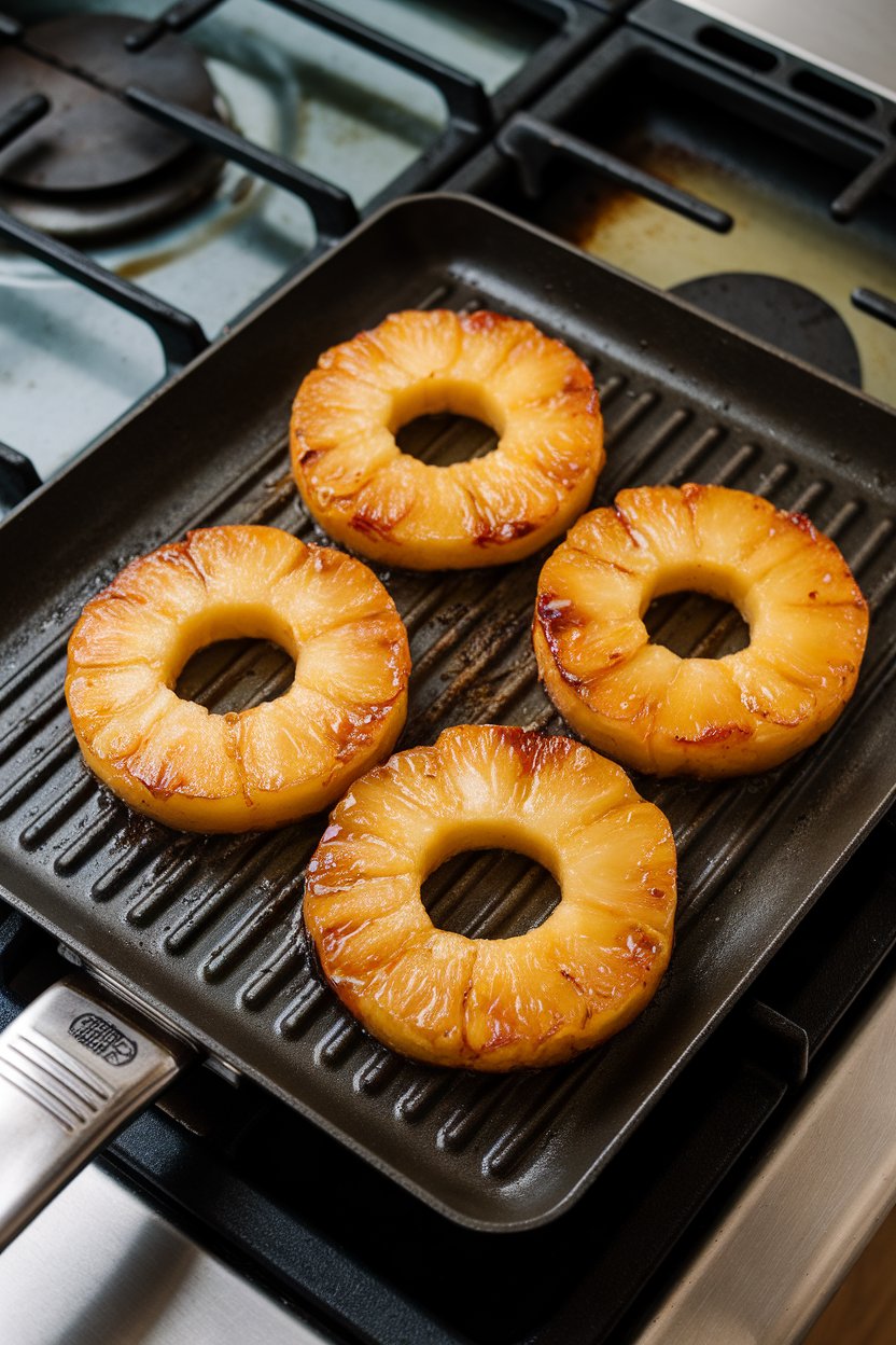 Indoor photo of caramelized pineapple rings on a grill-pan resting on a stovetop, flecks of lime zest visible. No text or logos.