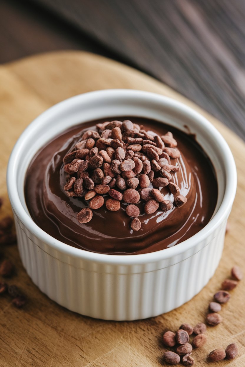Indoor photo of thick chocolate pudding made from sweet potato, served in a ramekin with cacao nib topping. No text or logos.