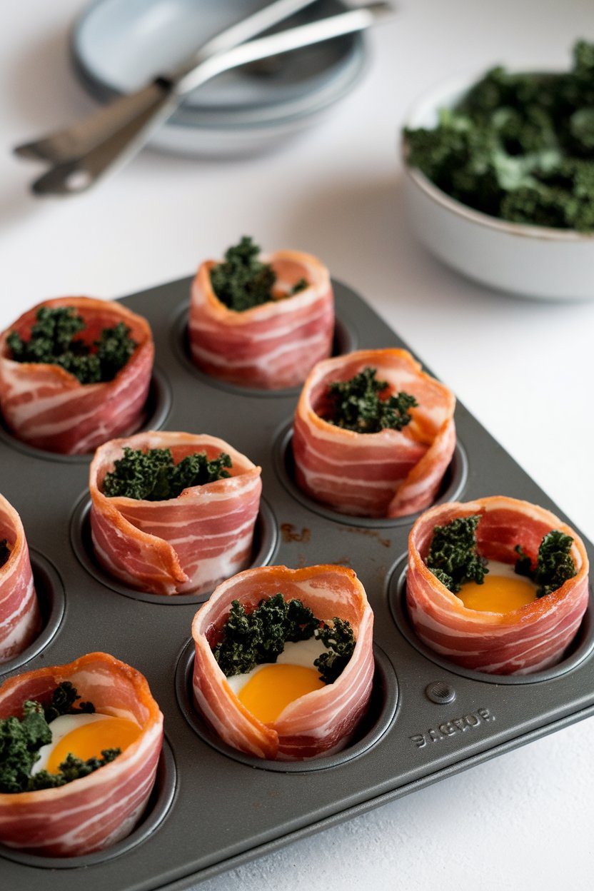 Muffin tin indoors containing baked egg cups wrapped in turkey bacon with kale visible in the center of each. Photo only; no logos or text.