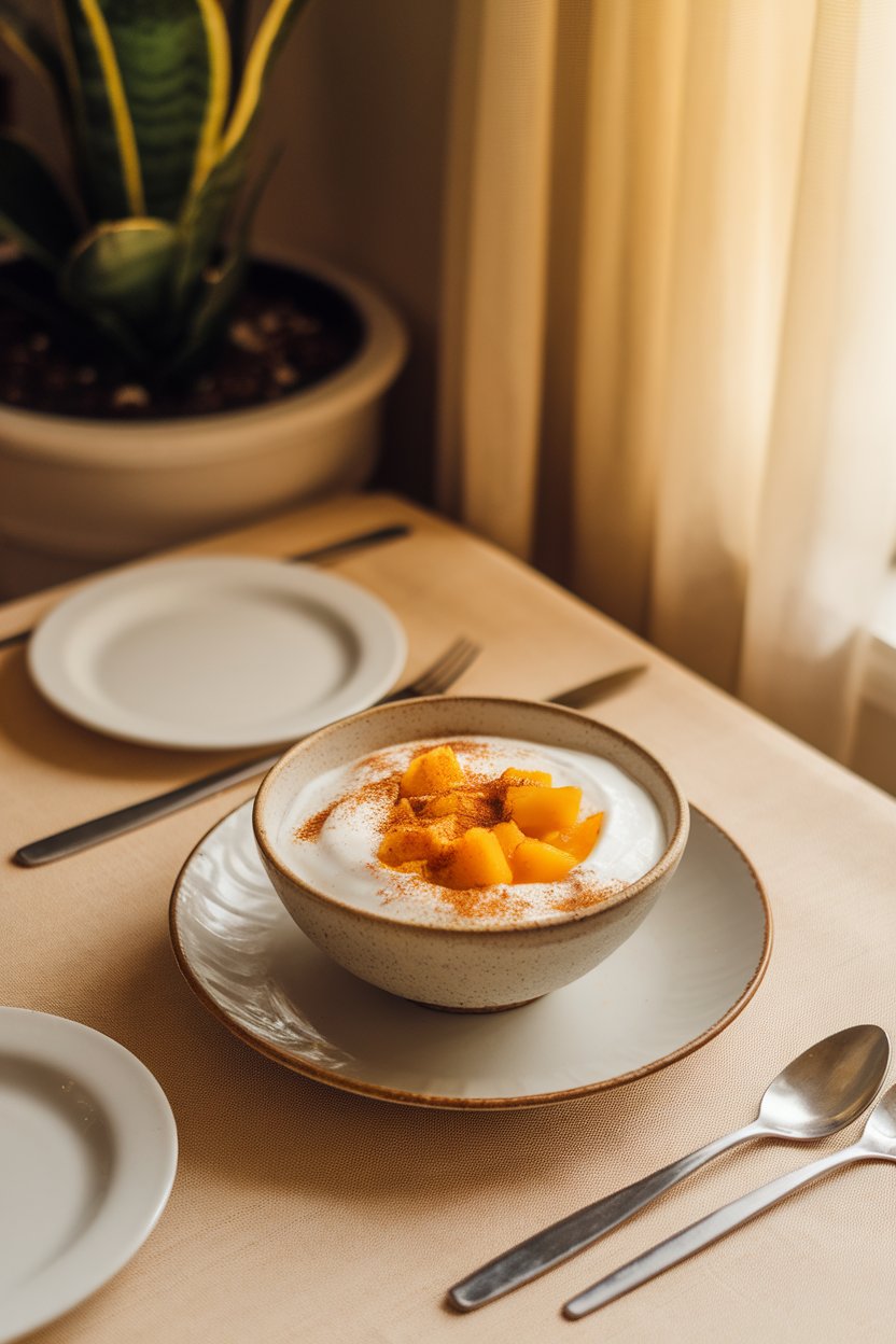 Bowl of plain Greek yogurt topped with cinnamon and diced mango on an indoor breakfast table, no text.