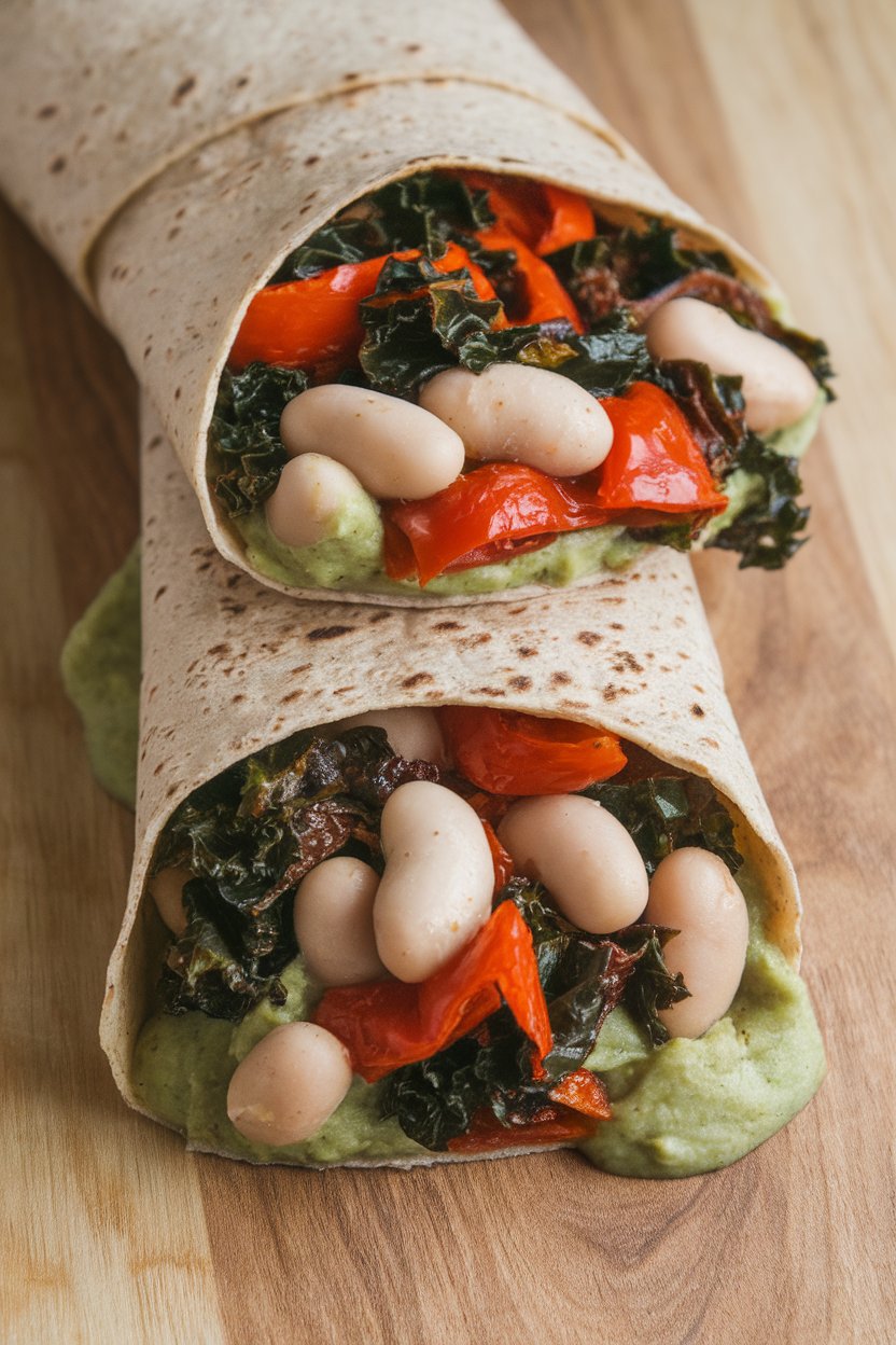 An indoor wrap sliced open to reveal mashed white beans, sautéed kale, and roasted red peppers inside a whole-grain tortilla. No text or logos present. Photo only.