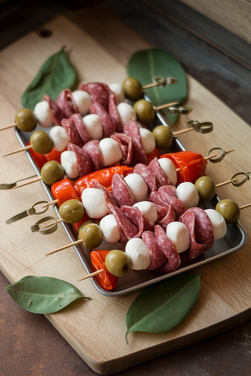 Skewers alternating salami, mozzarella, olives, and roasted peppers on a rectangular indoor dish. No text or logos. Photo.