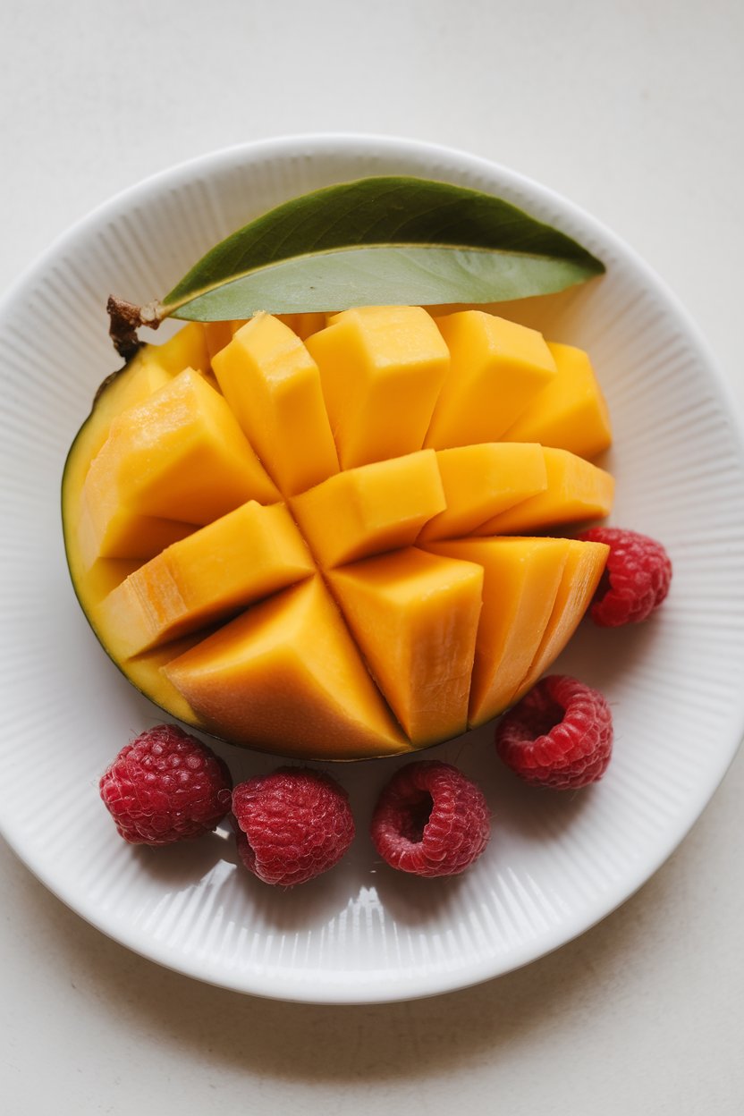 A white indoor dessert plate holding a sliced mango fan and a few raspberries, no text or logos, photo only