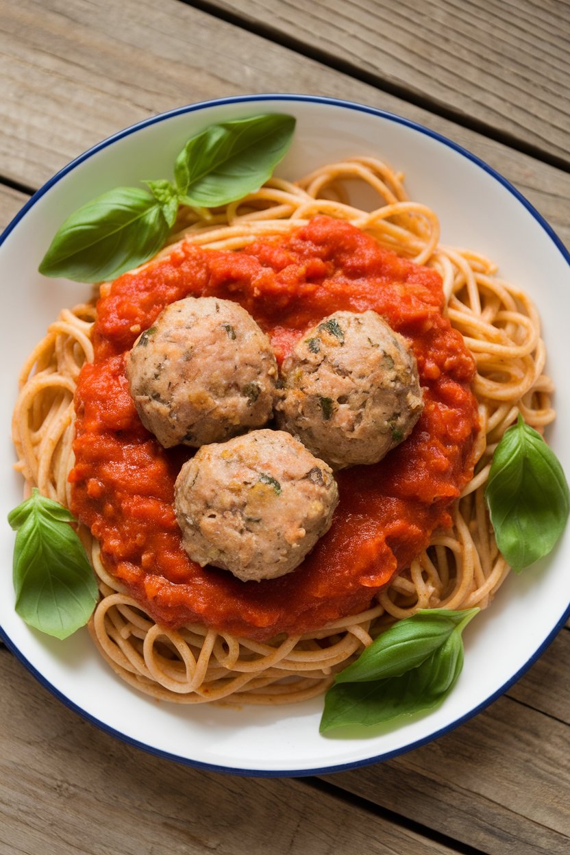 Indoor pasta plate with whole-wheat spaghetti topped by lean turkey meatballs and chunky marinara, basil sprinkled on top. No text or logos; photo.
