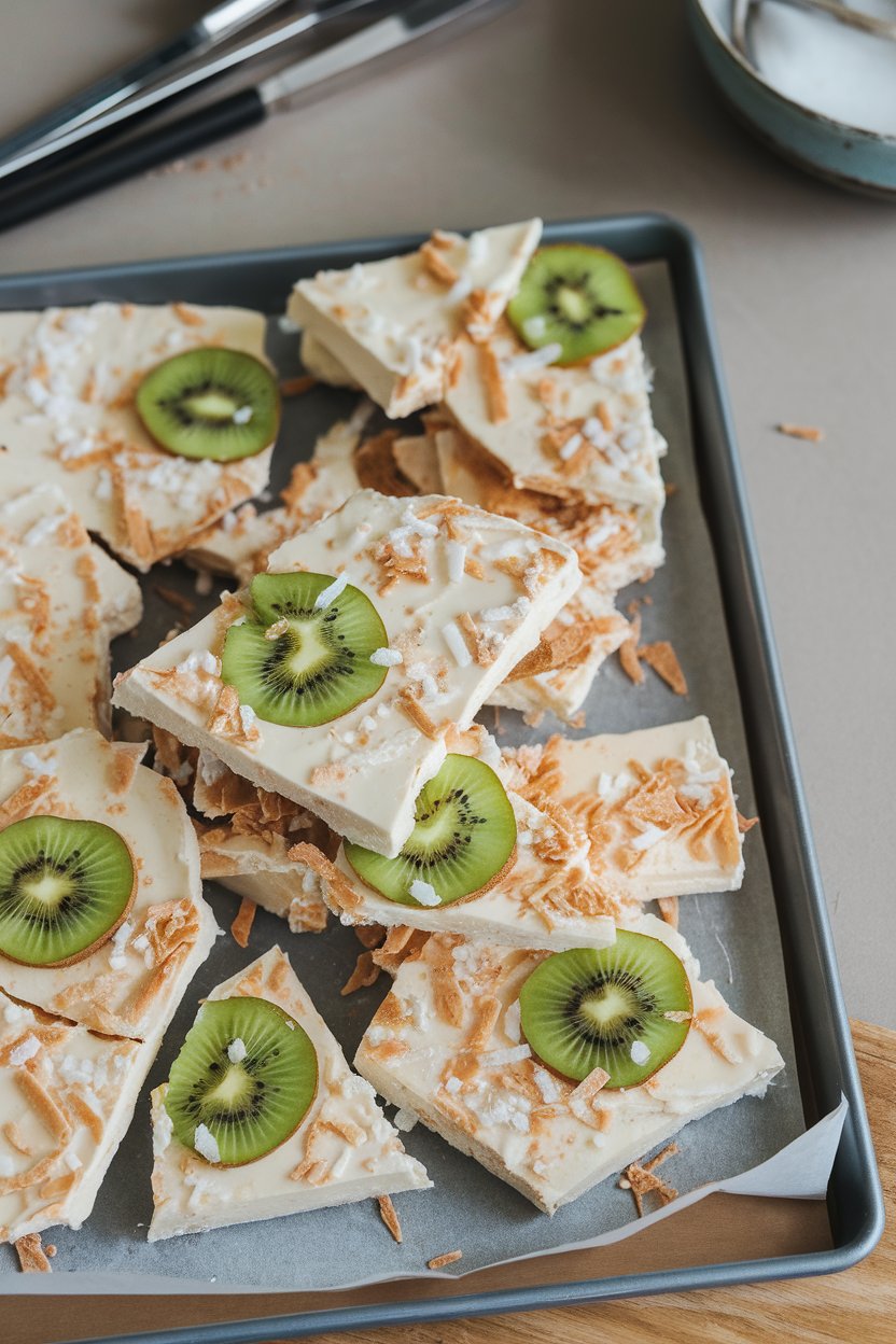 Indoor photo of broken pieces of frozen yogurt bark studded with kiwi slices and shredded coconut on a tray. No text or logos.