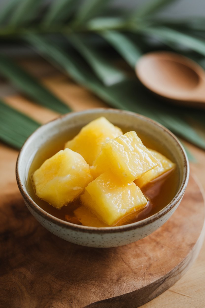 Indoor photo of pineapple chunks simmered in ginger syrup, served warm in a small bowl. No text or logos.