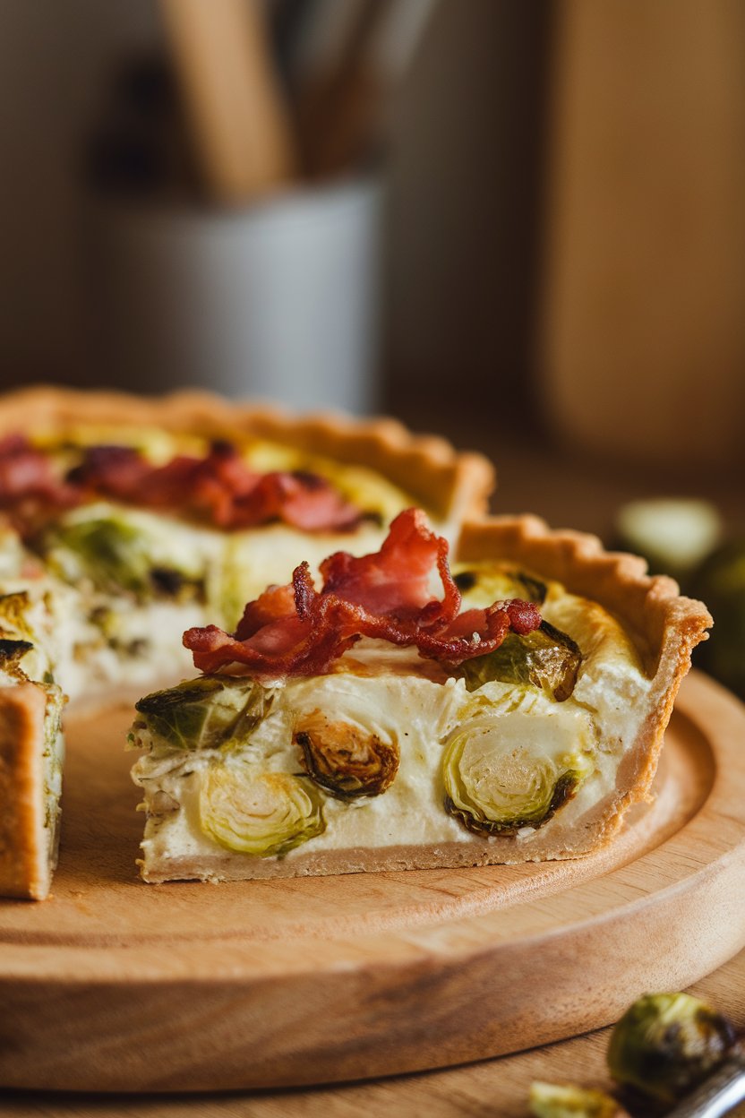 Warm indoor image of Brussels sprout and turkey bacon quiche slice, sprouts halved and visible, no text or logos.