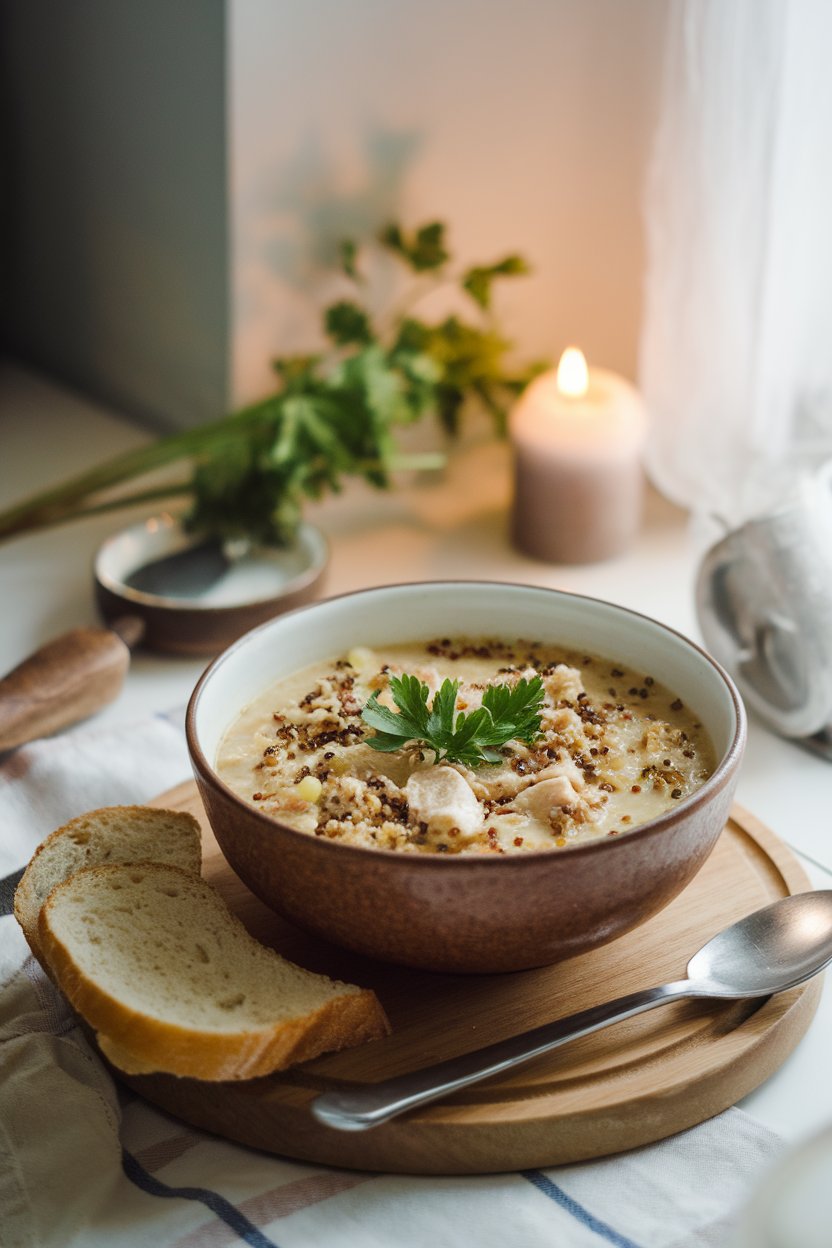 A softly lit indoor table with a bowl of chicken quinoa soup garnished with parsley; no text or logos. Photo only.