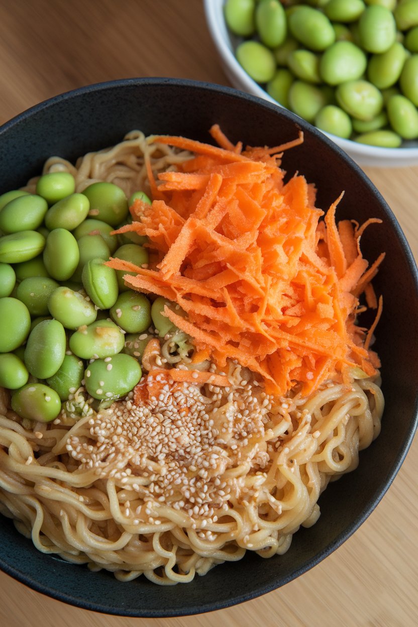 An indoor tabletop photo featuring ramen-style noodles, shelled edamame, grated carrot, and sesame seeds; no text or logos.