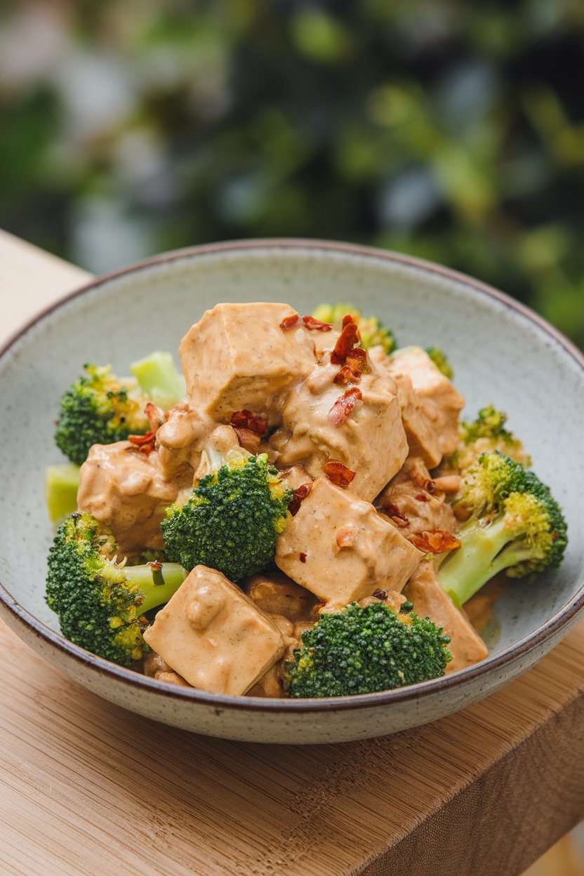 Indoor food photo of tofu cubes and broccoli florets coated in a light peanut sauce in a bowl; chili flakes sprinkled, no text or logos.