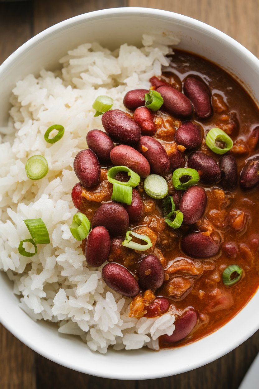 An indoor bowl of red kidney beans in spiced stew over fluffy white rice, garnished with sliced scallions. No text or logos; photo, not illustration.