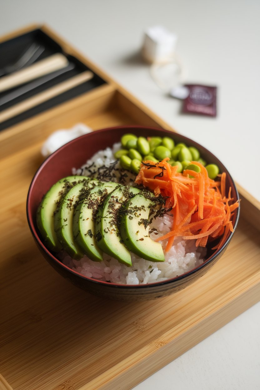 An indoor bowl of sushi rice topped with sliced avocado, cucumbers, shredded carrots, and edamame, sprinkled with nori flakes; no text or logos; photo.