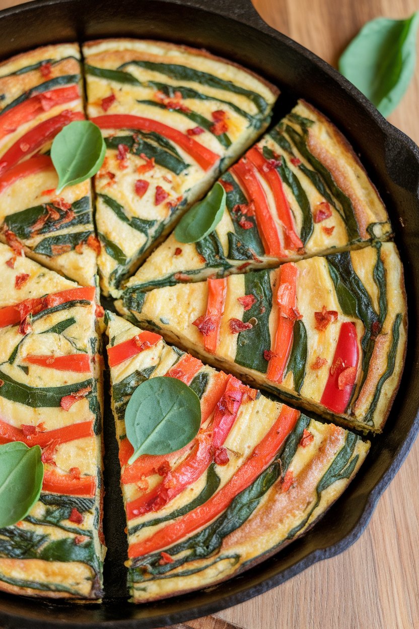 Indoor photo of a sliced frittata showing layers of peppers, spinach, and onions in a cast-iron skillet. No text or logos.