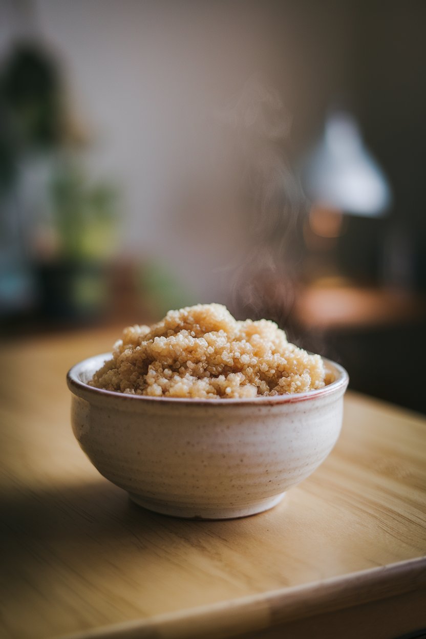 Photo of cooked fluffy quinoa in a white ceramic bowl on an indoor table, steam faintly visible, no text or logos