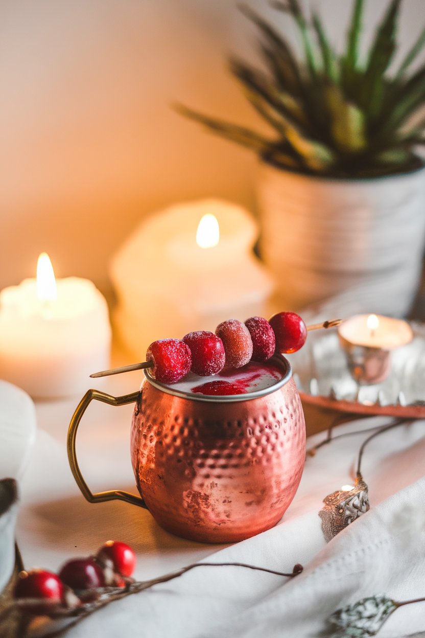 A warmly lit indoor scene with a copper mug of crimson Cranberry Moscow Mule crowned with a sugared cranberry skewer. No text or logos.