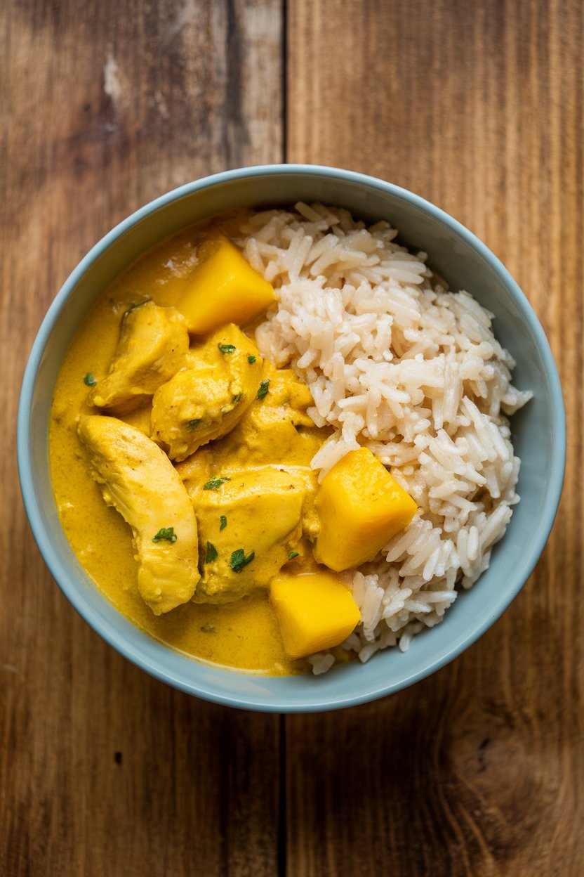 A toddler bowl containing mild yellow mango chicken curry with soft rice, photographed indoors; no text or logos.