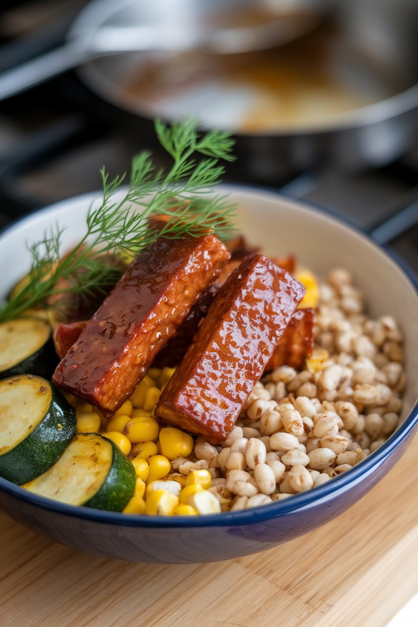 An indoor bowl showcasing glazed tempeh strips over barley, roasted zucchini, and corn; no brands.