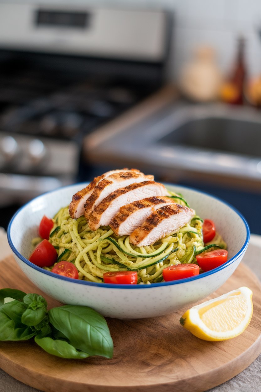 An indoor bowl brimming with zucchini noodles tossed in pesto, topped with sliced grilled chicken and cherry tomatoes; no text or logos.