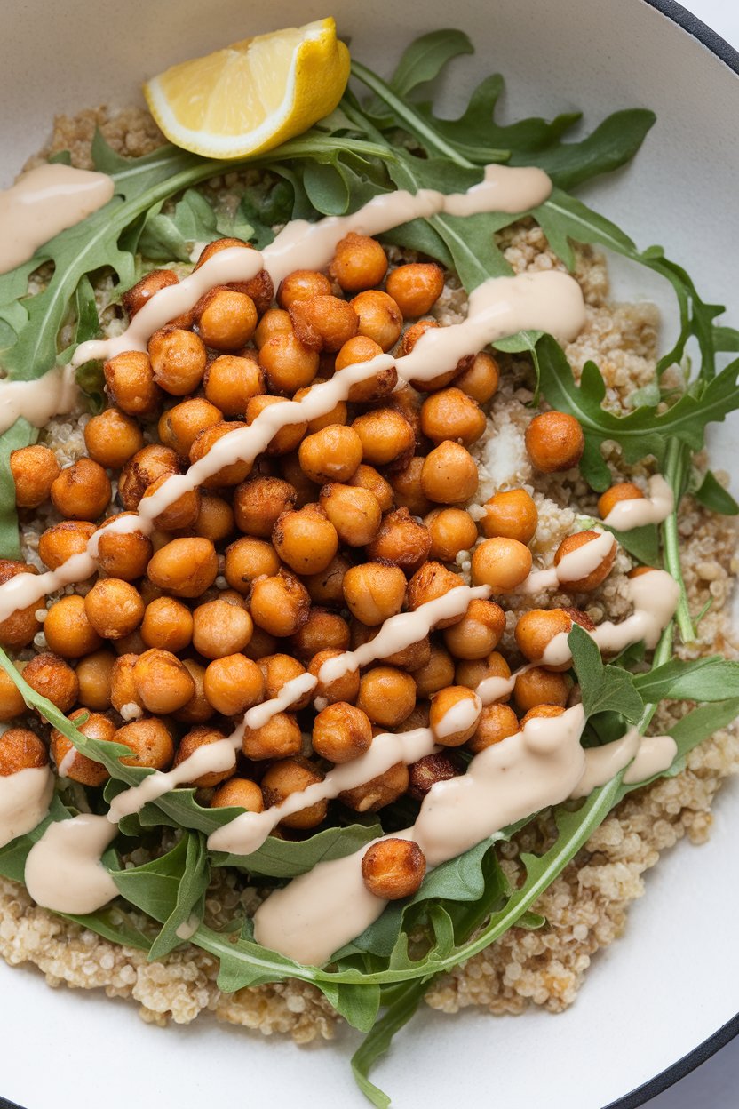 Indoor photograph of crispy roasted chickpeas over quinoa with baby arugula and a lemon-tahini drizzle. No text or logos.