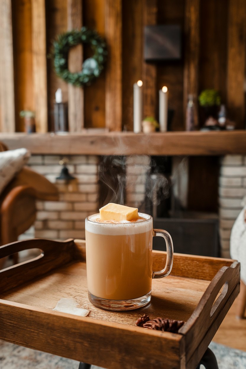An indoor fireside scene with a mug of steamy Hot Buttered Rum, pat of melting spiced butter floating. No text or logos.