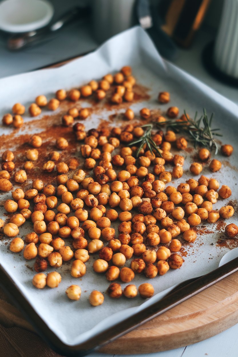 Photo of roasted chickpeas spread on a parchment-lined baking sheet indoors, golden and crispy, no text or logos