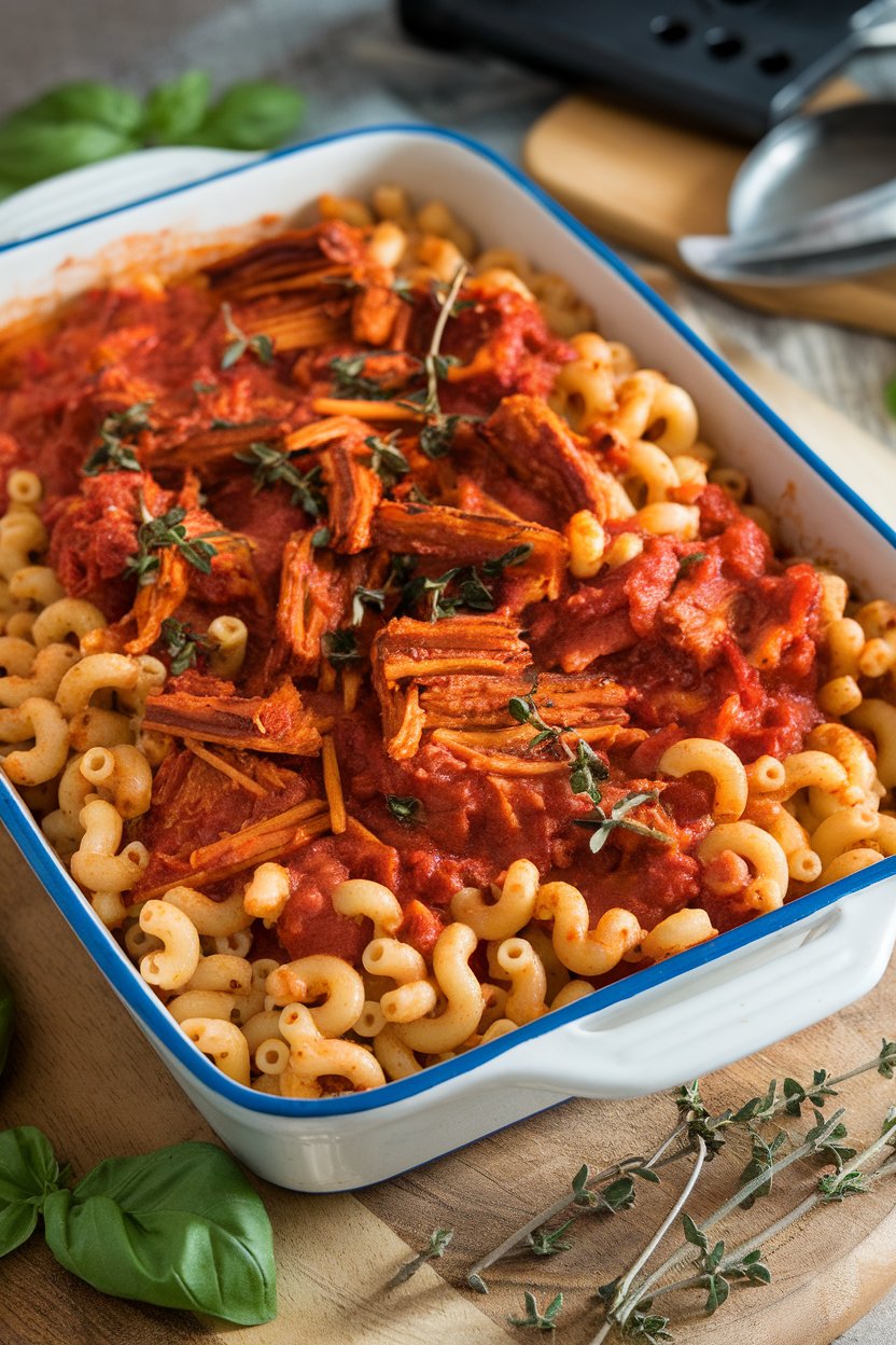 Indoor casserole dish of elbow macaroni tossed in smoky tomato sauce with shredded BBQ jackfruit pieces. No text or logos.