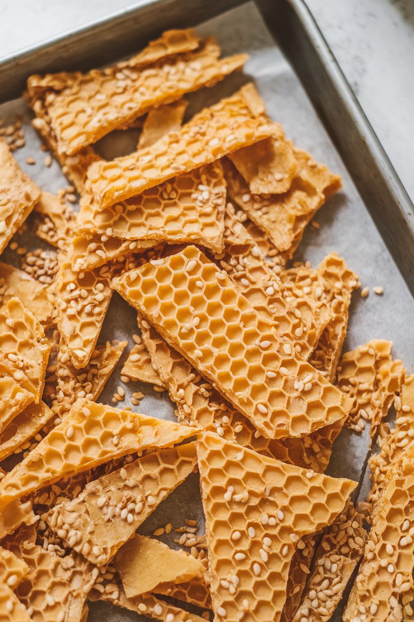 An indoor baking sheet lined with thin shards of golden sesame honey brittle, photo, no logos.