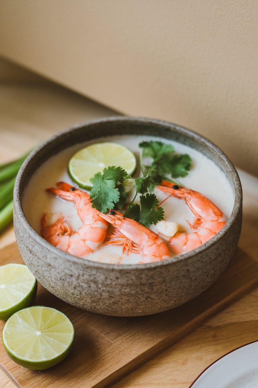 Indoor photo of coconut broth soup with cooked shrimp, lime wheels, and cilantro, served in a stoneware bowl; no text or logos
