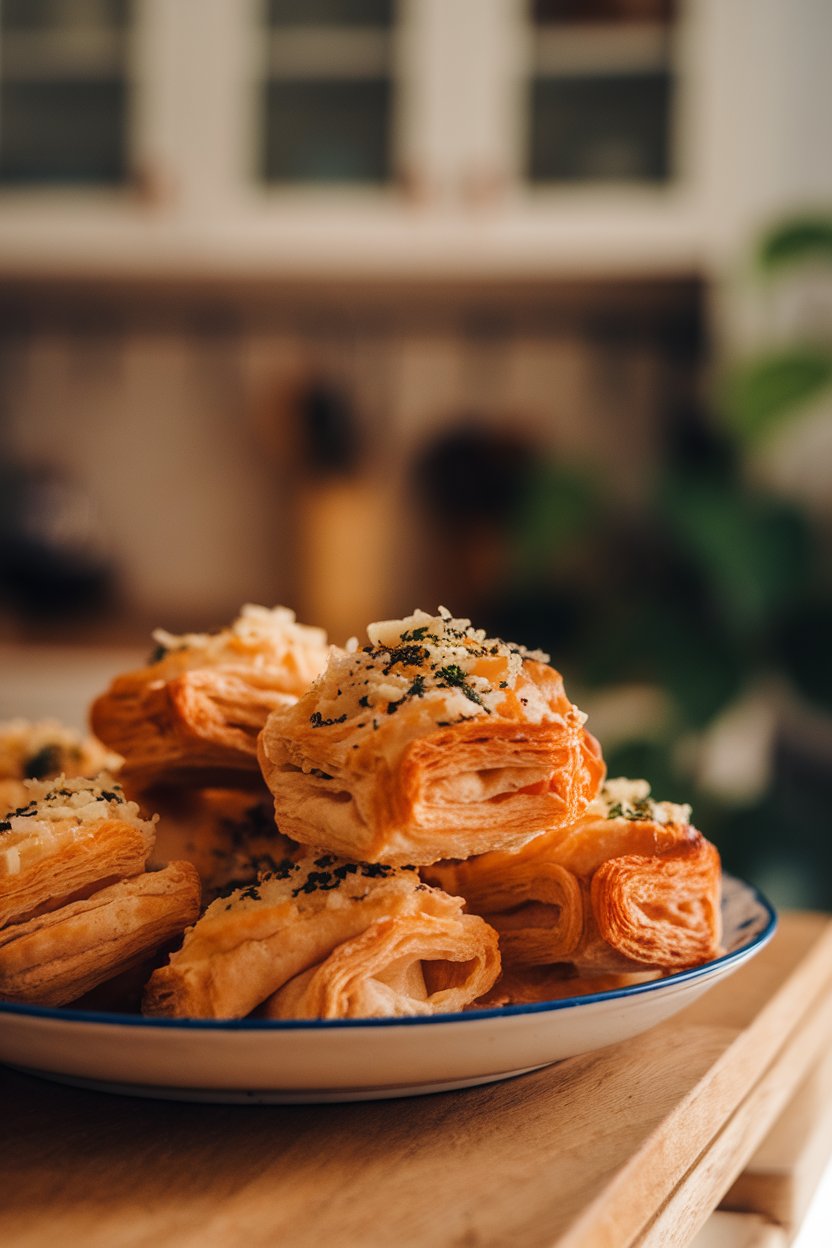 A white plate of flaky puff pastry palmiers sprinkled with Parmesan and green herb flecks. Indoor lighting, no text or logos.