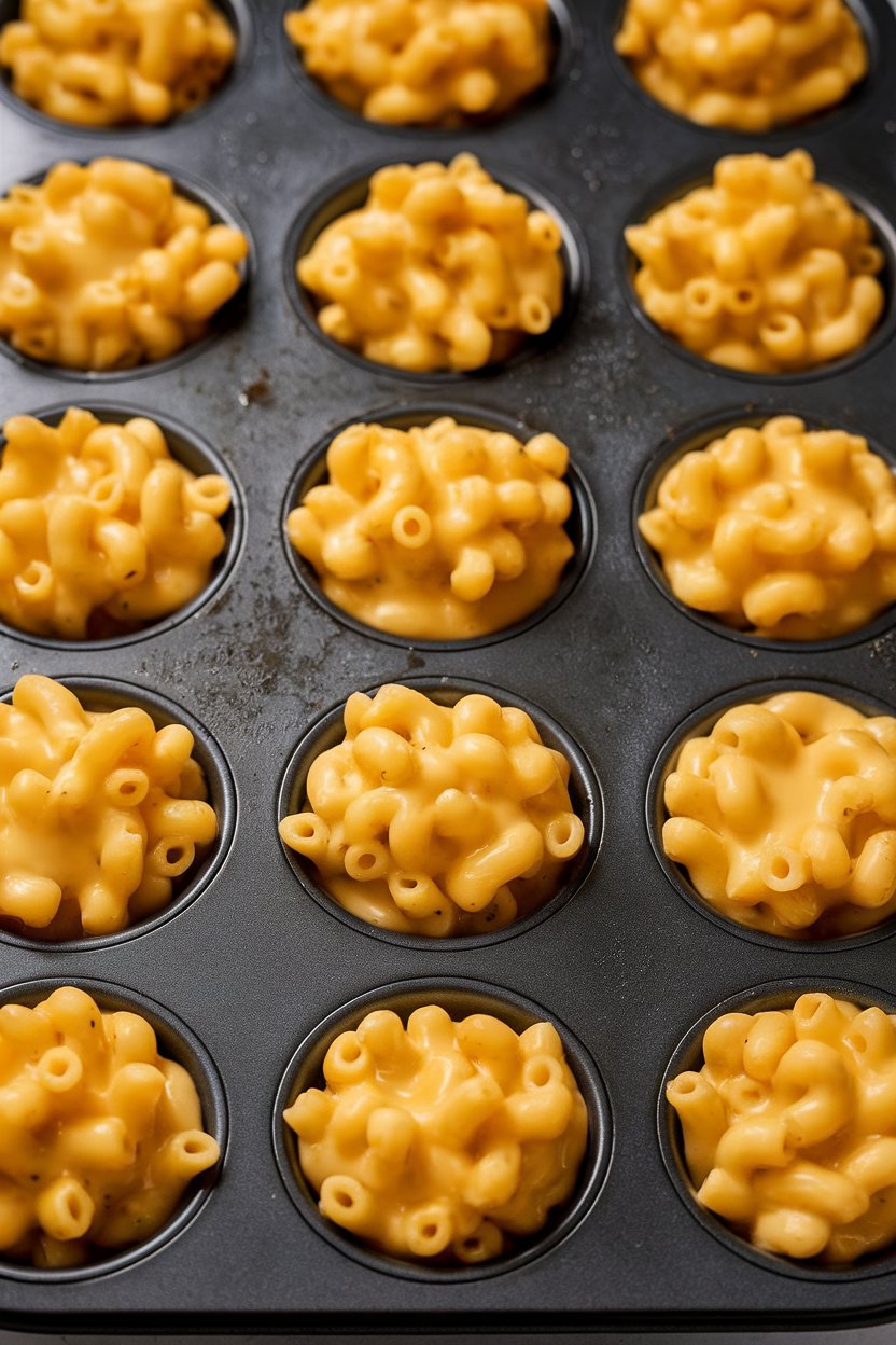 A muffin tin holding golden mac and cheese cups, cheese bubbling around edges. No text or logos.