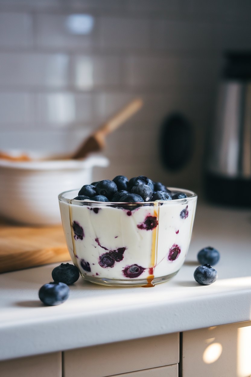 Softly lit indoor kitchen counter holding a glass bowl of thick Greek yogurt drizzled with honey and scattered with blueberries. No visible brands or text. Photo only.