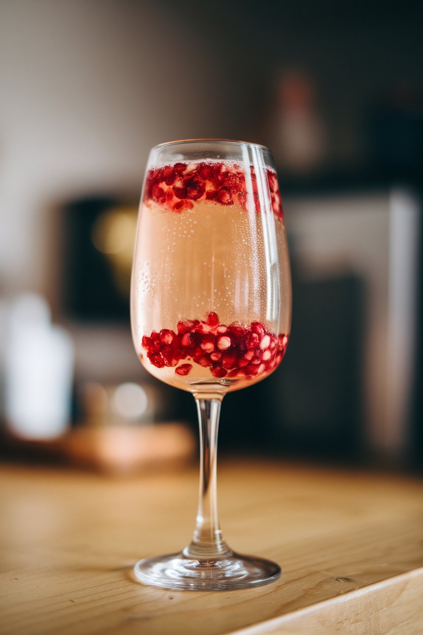 A photo of an indoor flute with pale tea tinted by pomegranate arils, visible carbonation bubbles; no text or logos.