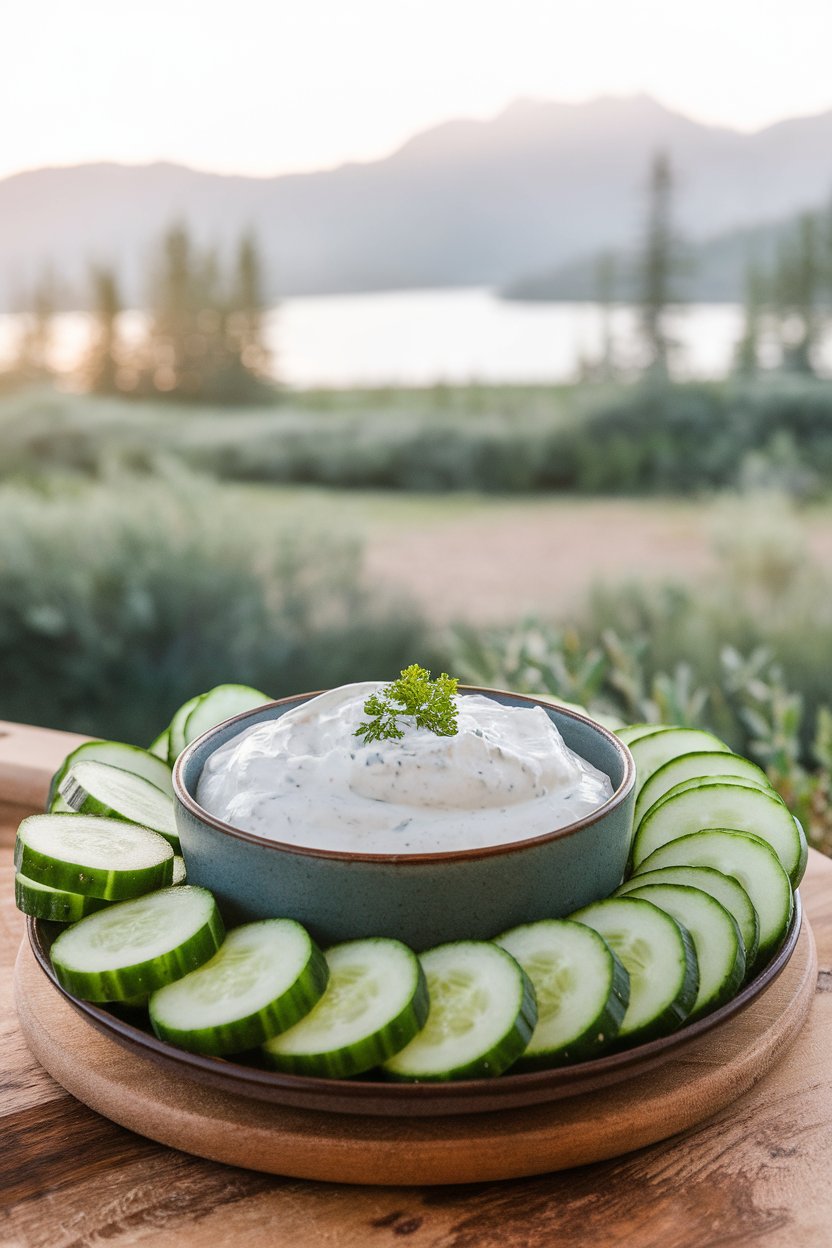 Indoor photo of a bowl of creamy yogurt ranch dip surrounded by cucumber rounds; bright countertop lighting, no text or logos