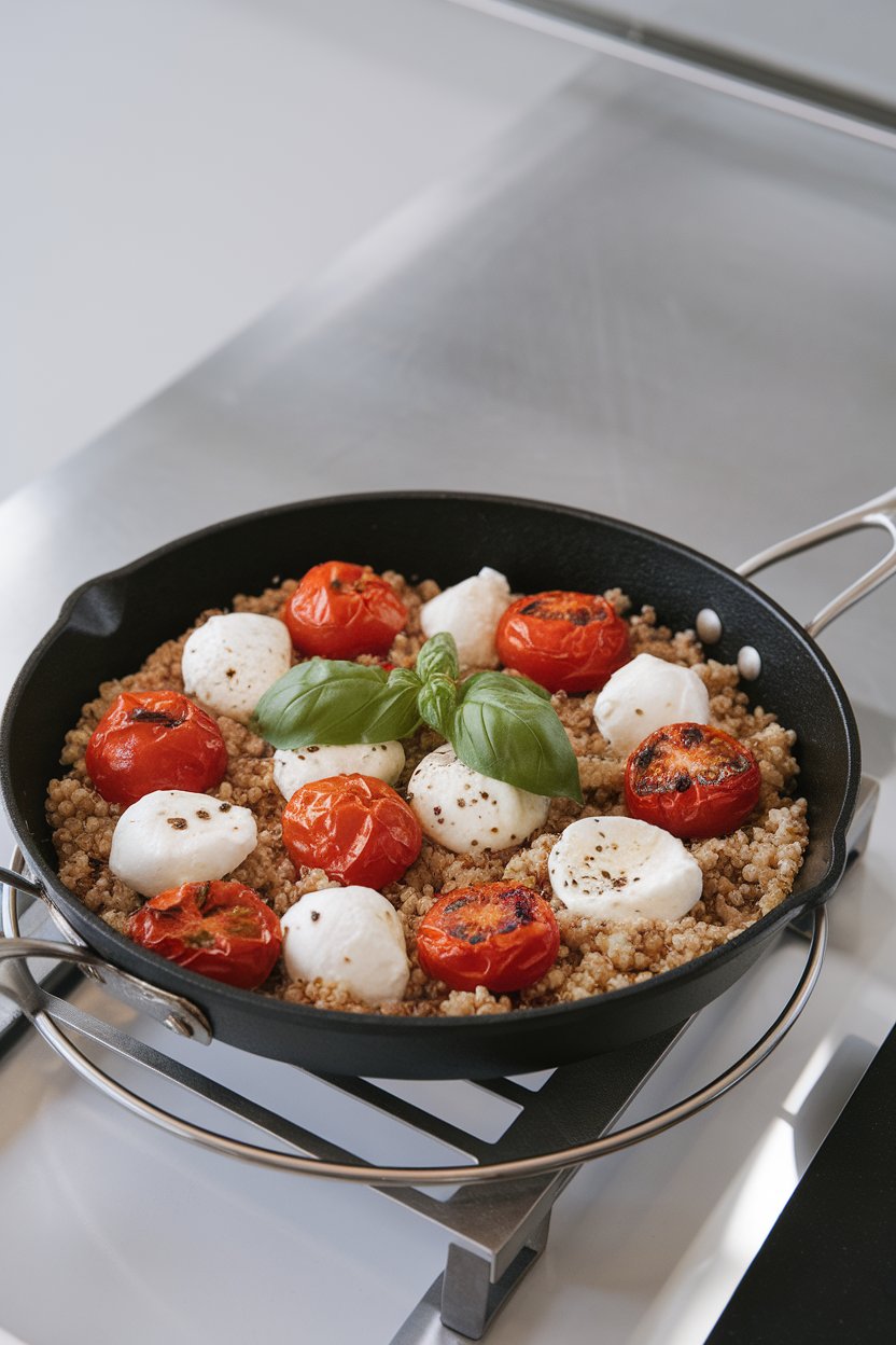 Indoor skillet on trivet containing fluffy quinoa, melted mozzarella pearls, and blistered cherry tomatoes, topped with fresh basil leaves. No logos.