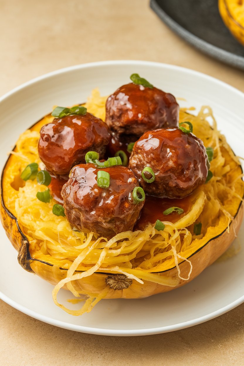 An indoor dish of glazed beef meatballs resting atop strands of roasted spaghetti squash; no text or logos.