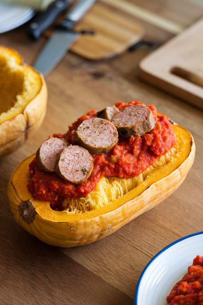 An indoor dining table displaying a roasted spaghetti squash half topped with chunky tomato sauce and sliced turkey sausage; no text or logos; photo