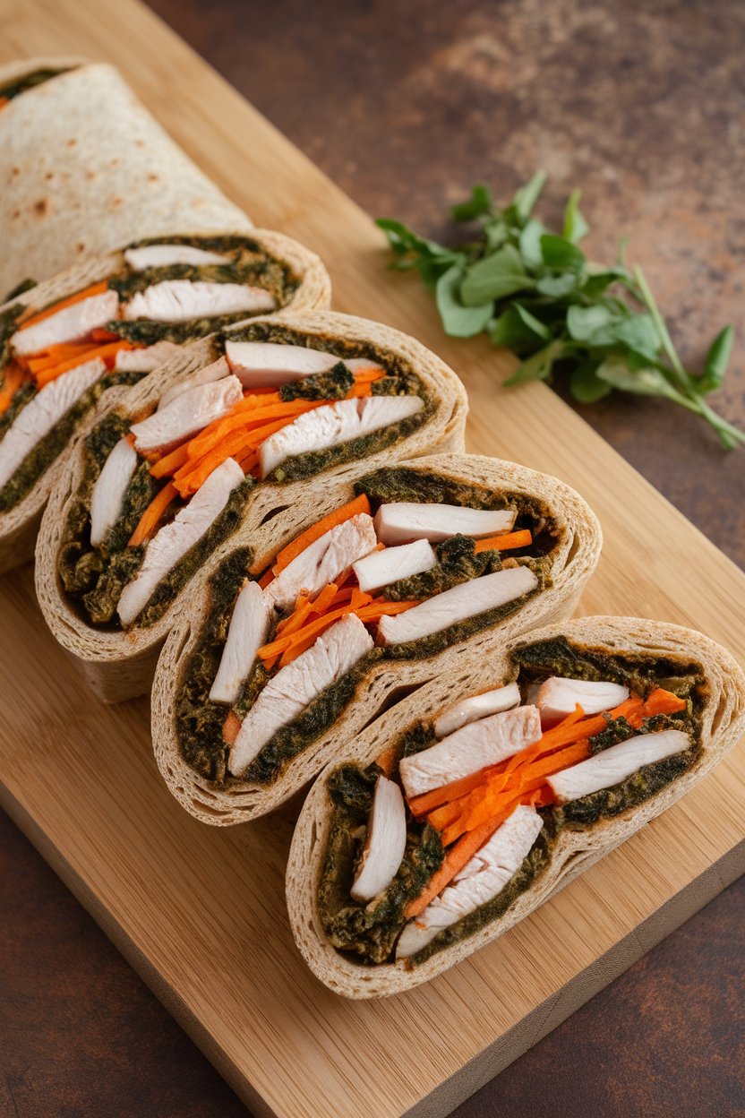 A wooden indoor board with sliced whole-grain wraps filled with diced chicken, kale pesto, and shredded carrot, cut on the bias. Photo only, no text or logos.
