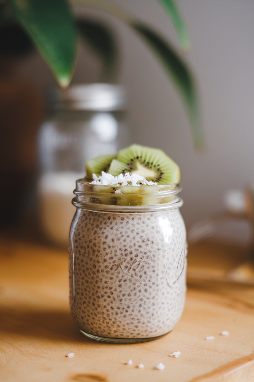 A small indoor mason jar of vanilla chia pudding topped with kiwi slices and coconut flakes, natural light, no logos.