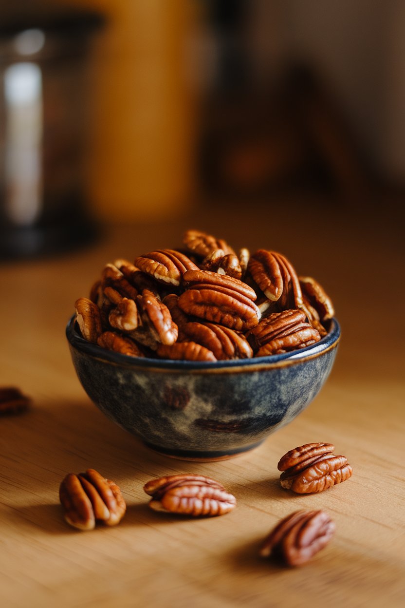 Photo of a small indoor bowl brimming with maple-glazed pecan halves glistening under warm light, no text or logos.